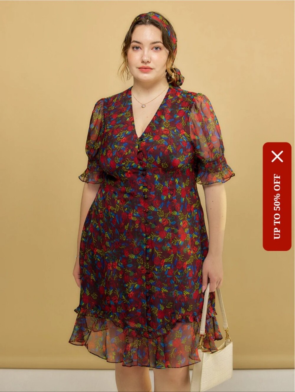 Simple Retro Burgundy Red Floral Chiffon V-Neck Midi Dress Cottagecore Fairycore